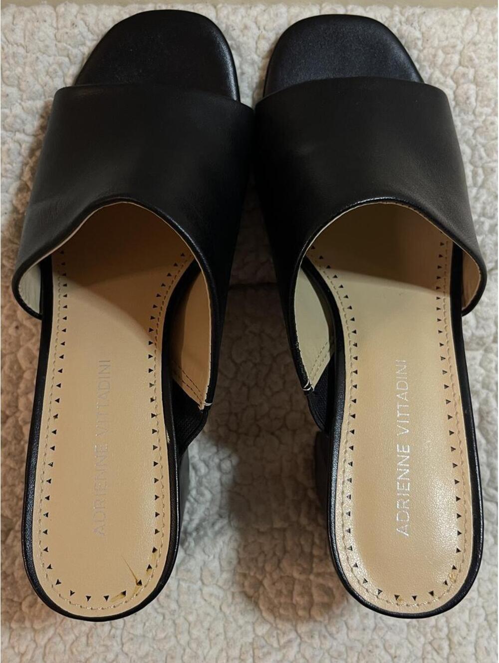 Adrienne Vittadini Black Leather Block Heel Slide Sandals, 7